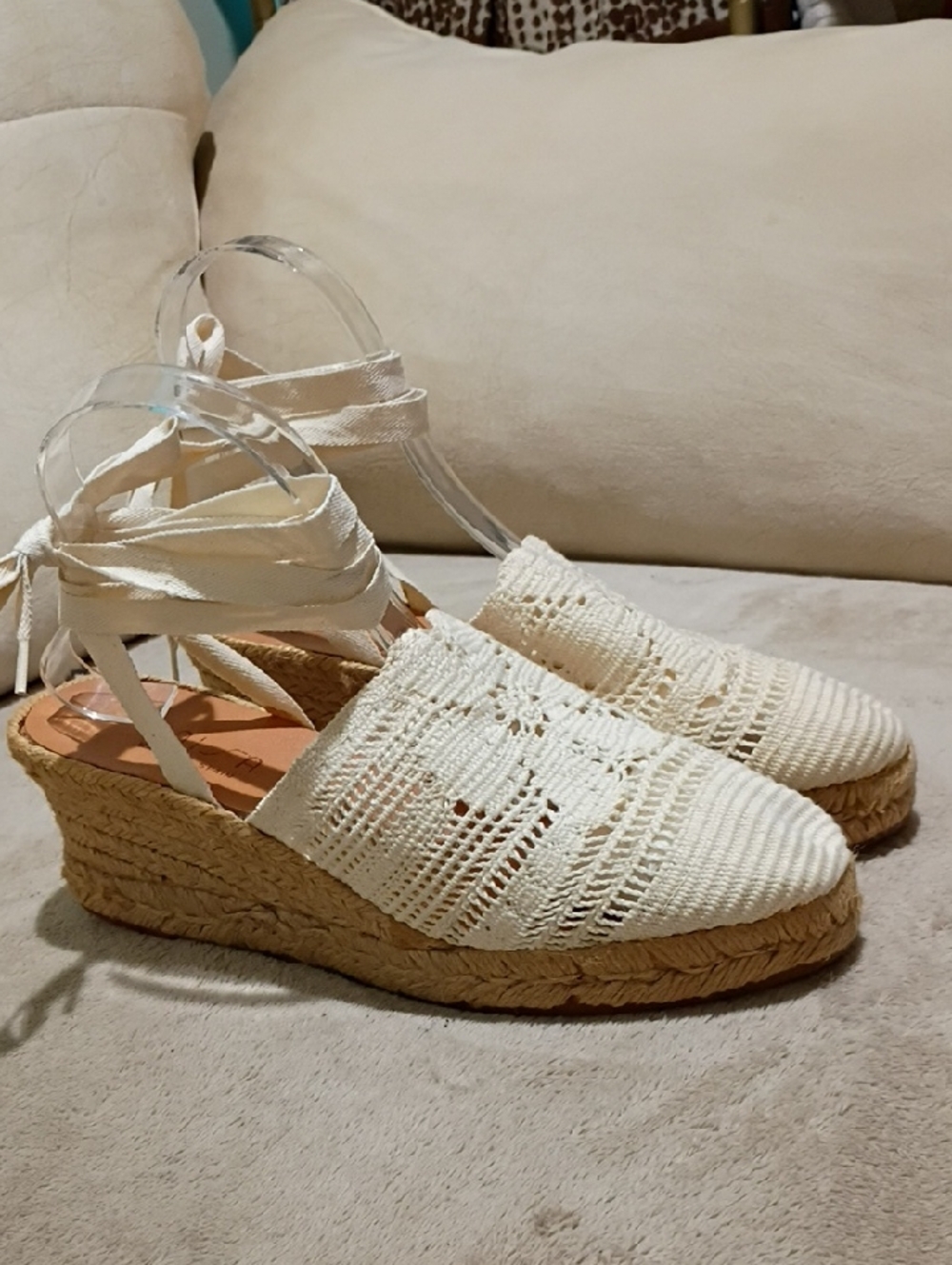 Unisa Cream Crochet Espadrille Wedge Sandals with Ankle Wrap - Picture 3 of 9